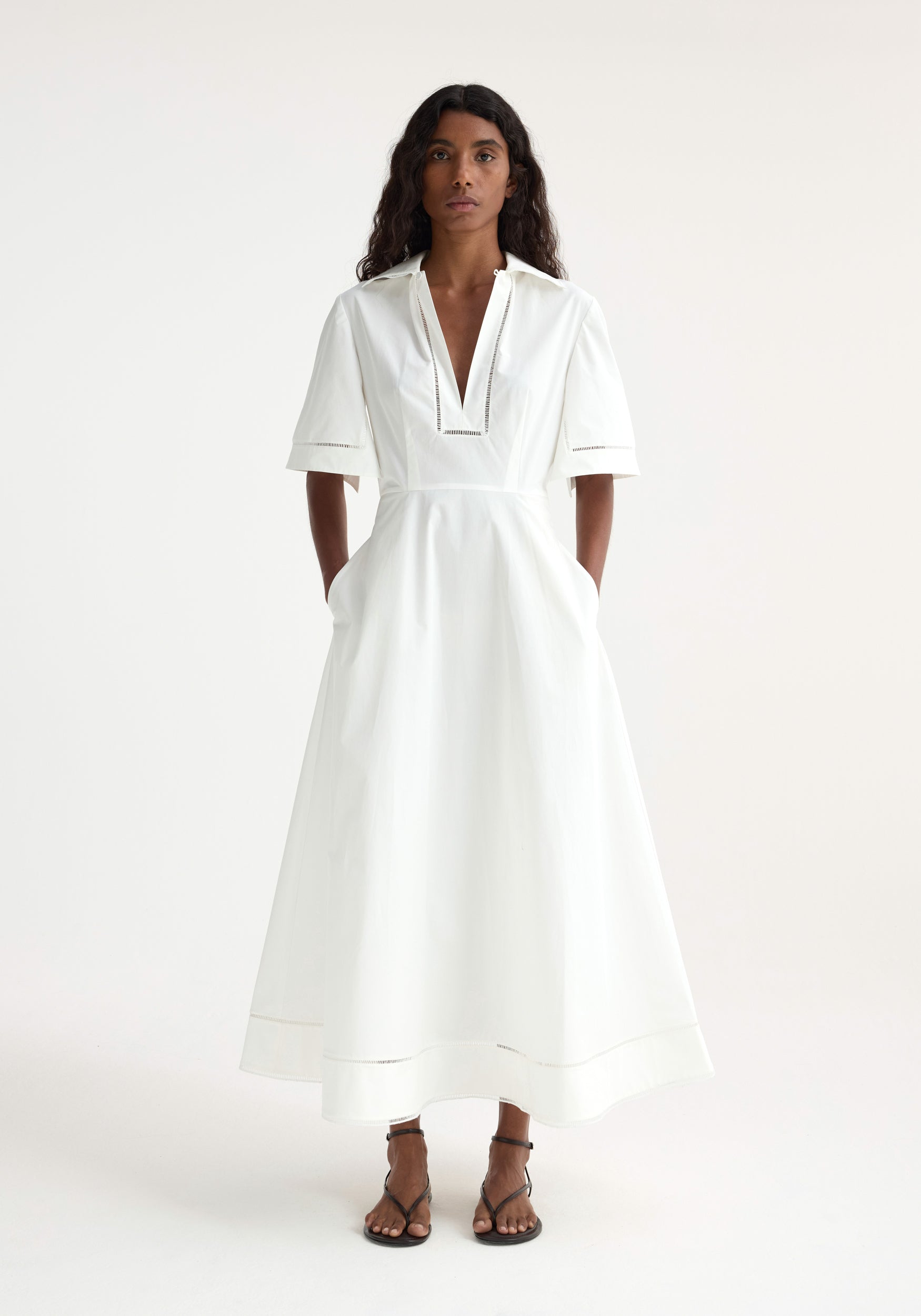 Ladder Embroidered Poplin Dress | Optic White
