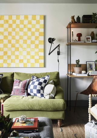 Living room with olive green couch