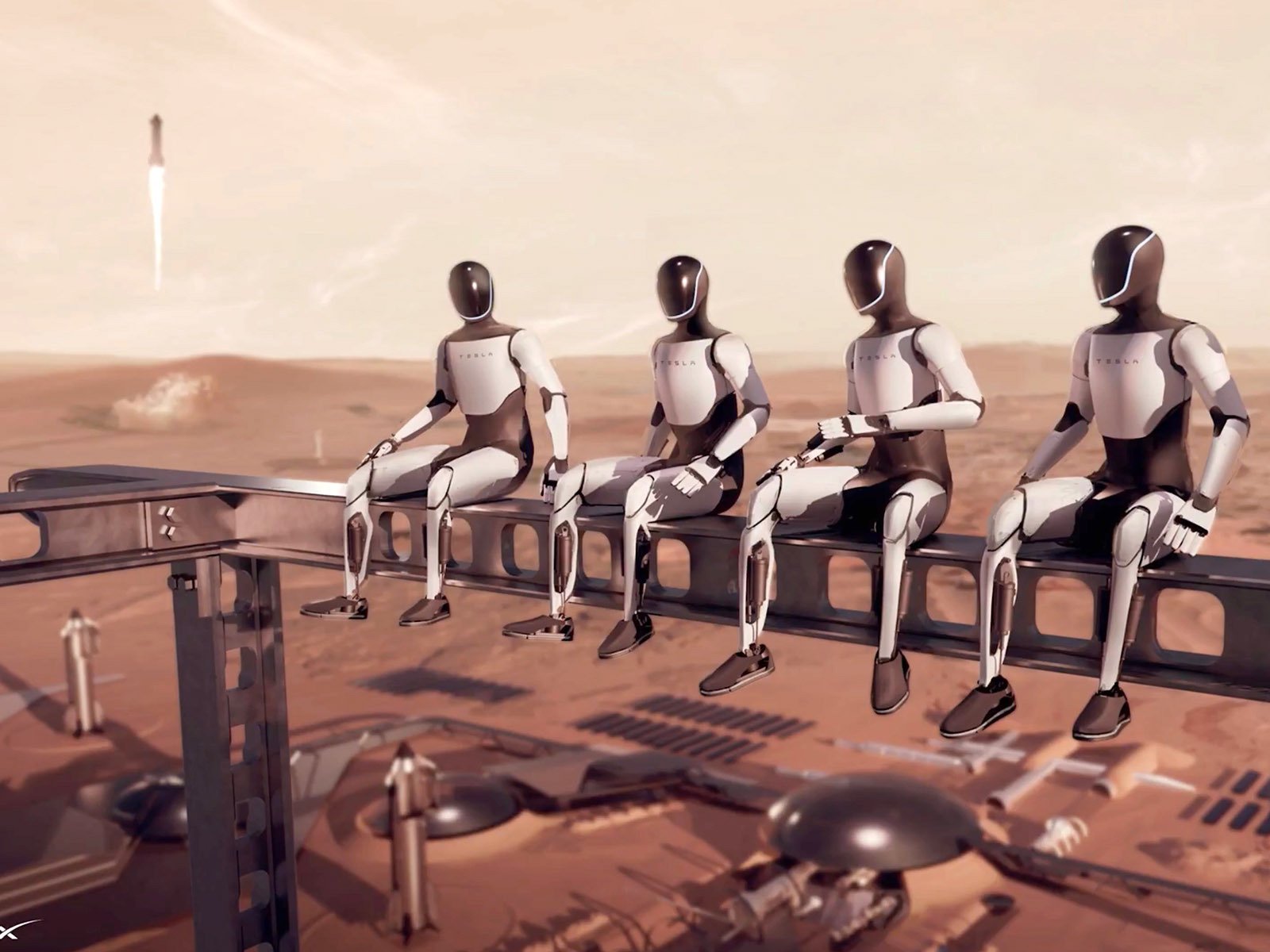 A series of white robots sit on a crane like scaffold over the reddish surface of Mars