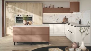 wood, terracotta and white kitchen with central island and wooden flooring