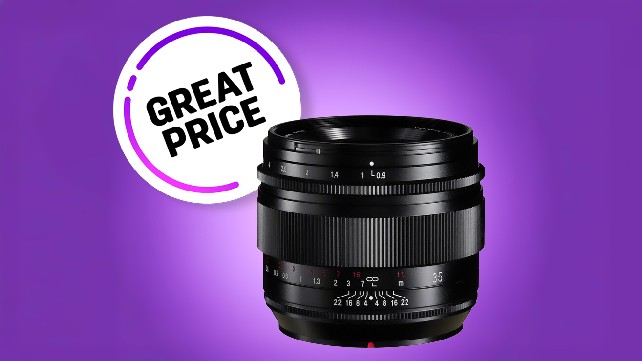 A black camera lens on a purple background with a tag that reads &quot;Great Price&quot;