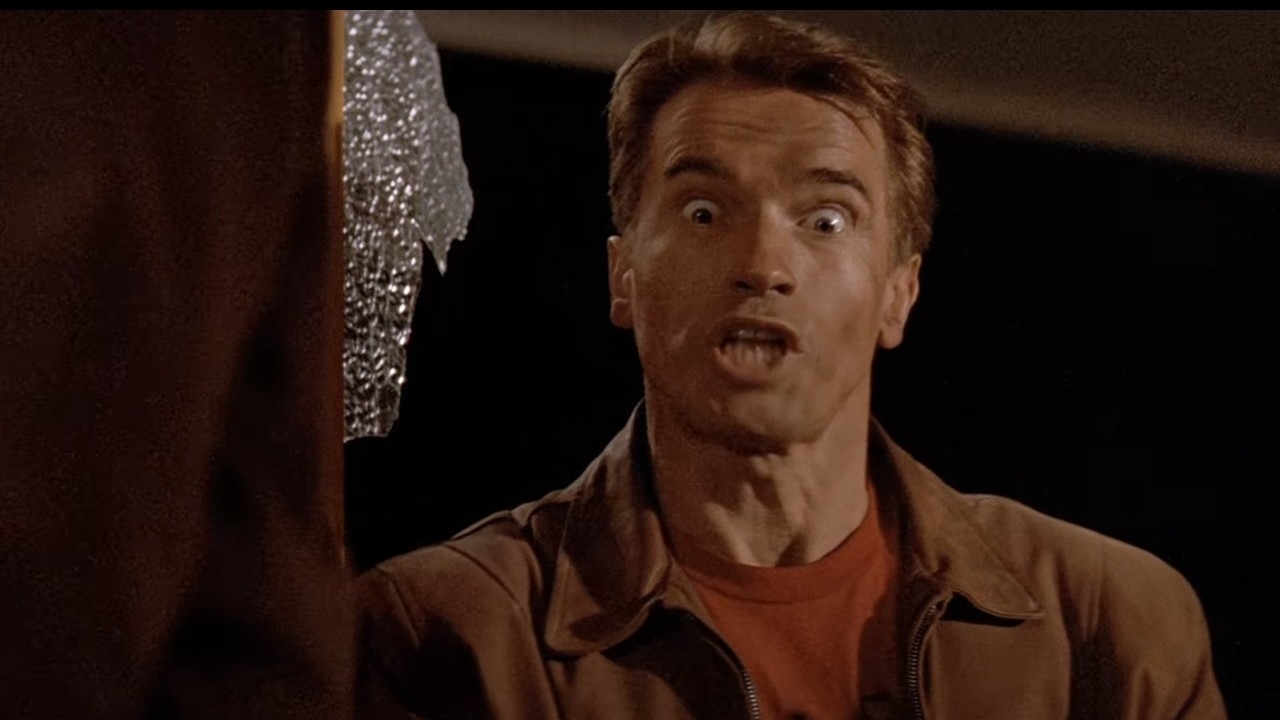 Arnold Schwarzenegger just before an explosion in Last Action Hero