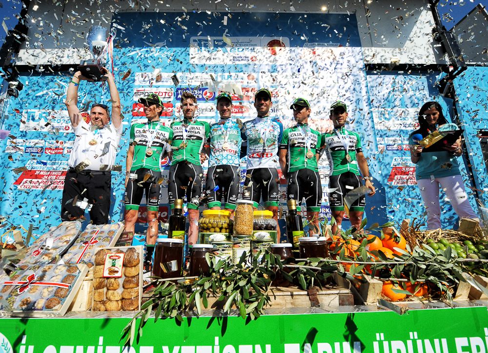 The Caja Rural team on the final podium at Tour of Turkey.
