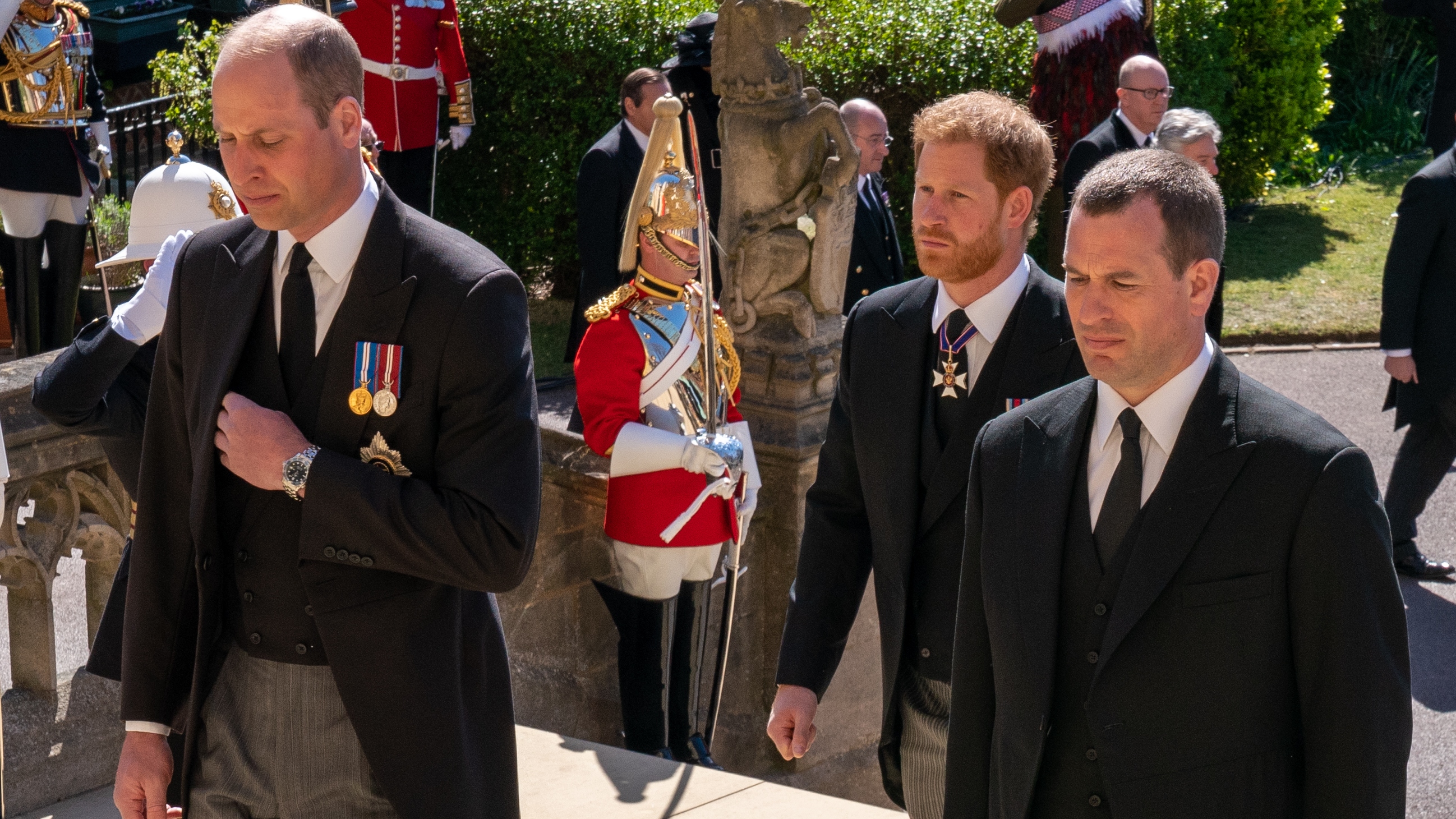 Prince William, Prince Harry and Peter Phillips follow The Duke of Edinburgh&amp;rsquo;s coffin into St George&amp;rsquo;s Chapel on April 17, 2021