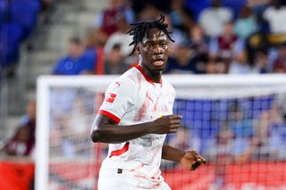 El Chadaille Bitshiabu #5 of RB Leipzig during the friendly soccer game against Aston Villa on July 31, 2024 at Red Bull Arena in Harrison, New Jersey.