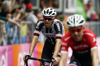 Tom Dumoulin and Bauke Mollema arrive at the finish line of the Giro d'Italia's 20th stage.