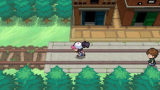 A screenshot of the protagonist running around Nacrene City in Pokémon Black and White.