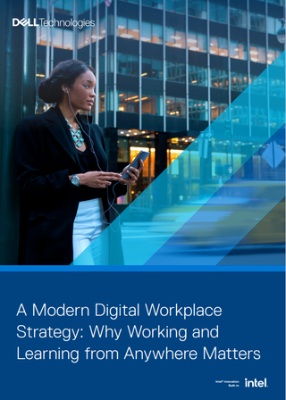 Whitepaper cover with title on blue band at bottom and image of female outside an office building using a smartphone with earphones