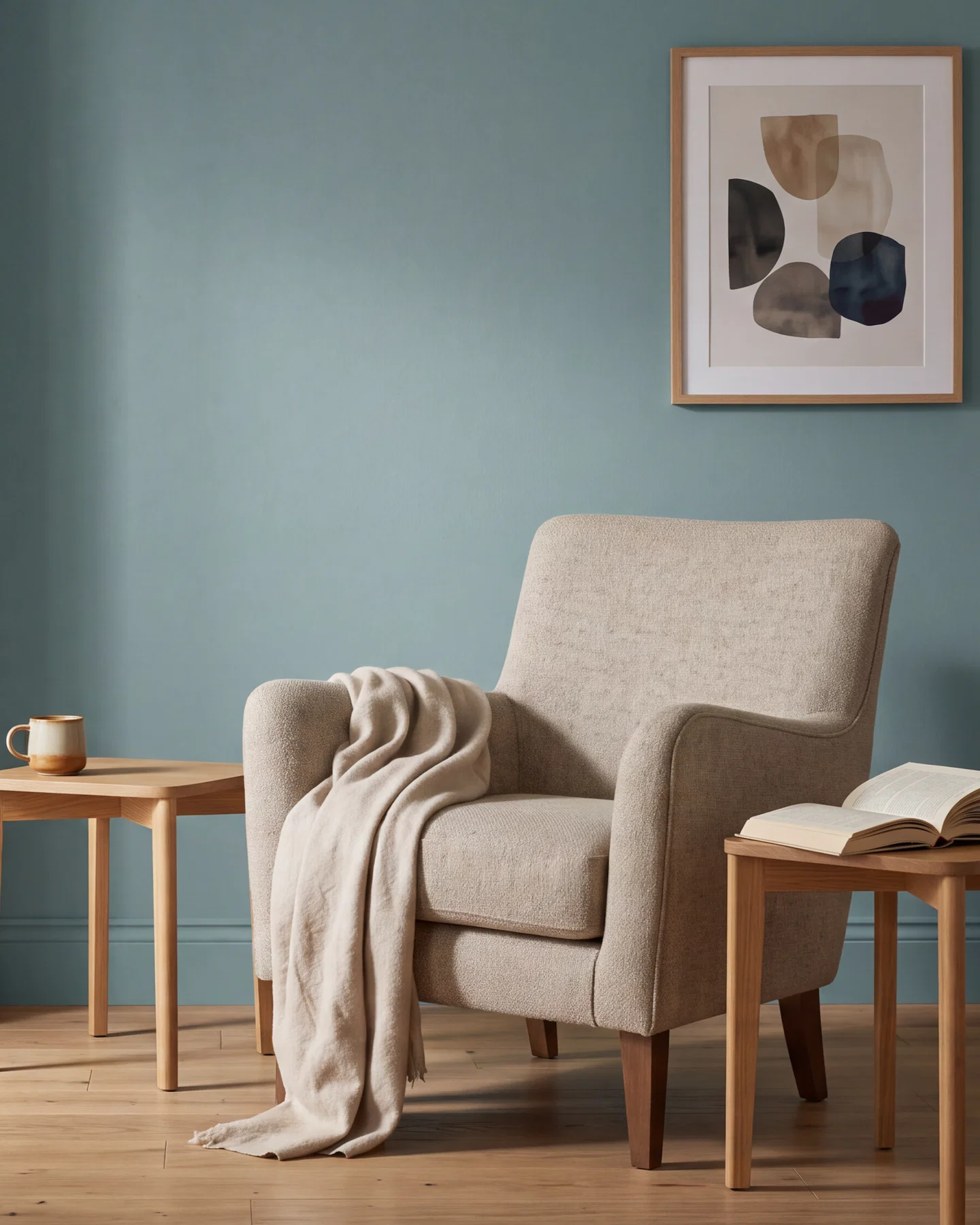 Image of a beige sitting chair with a throw thrown over it with two wooden side tables beside it in a room painted a sky blue.
