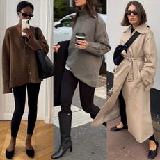 fashion collage featuring five chic fall outfit ideas with black leggings from influencers like Sylvie Mus,, Lucy Alston, and Mimi Nguyen wearing oversize sweaters, trench coats, knee-high boots, and black ballet flats