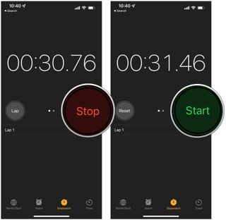 Stop Stopwatch in Clock app on iOS 15: Tap Stop, tap Start to resume