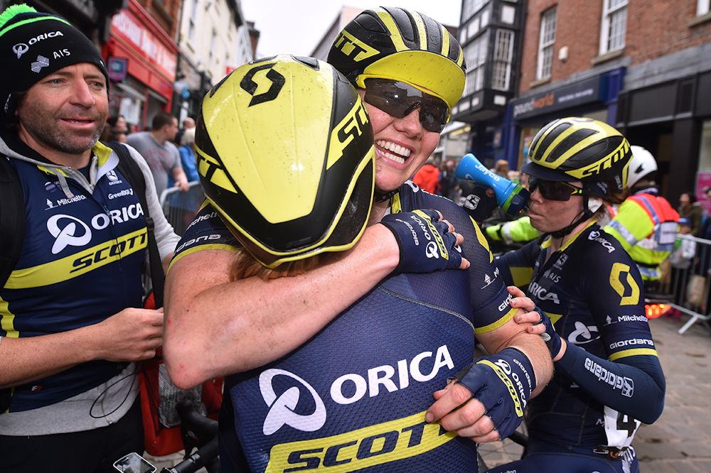 Teammates congratulate Sarah Roy after her win at the Women's Tour stage 4