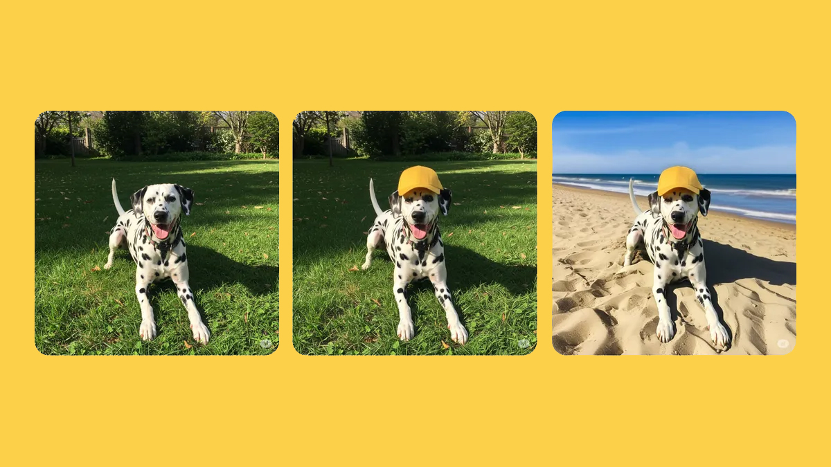 Three sample images show a Dalmatian sitting in the grass, an AI edit with the dog wearing a hat, and another AI edit with the dog sitting on a beach