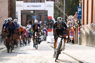 LEUVEN BELGIUM SEPTEMBER 26 Julian Alaphilippe of France attacks in the breakaway during the 94th UCI Road World Championships 2021 Men Elite Road Race a 2683km race from Antwerp to Leuven flanders2021 on September 26 2021 in Leuven Belgium Photo by Alex Broadway PoolGetty Images