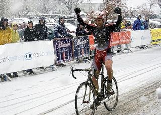 Celebrating his first win of the cyclo-cross season