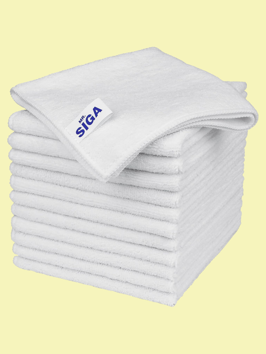 A stack of white microfibre cloths from MR.SIGA