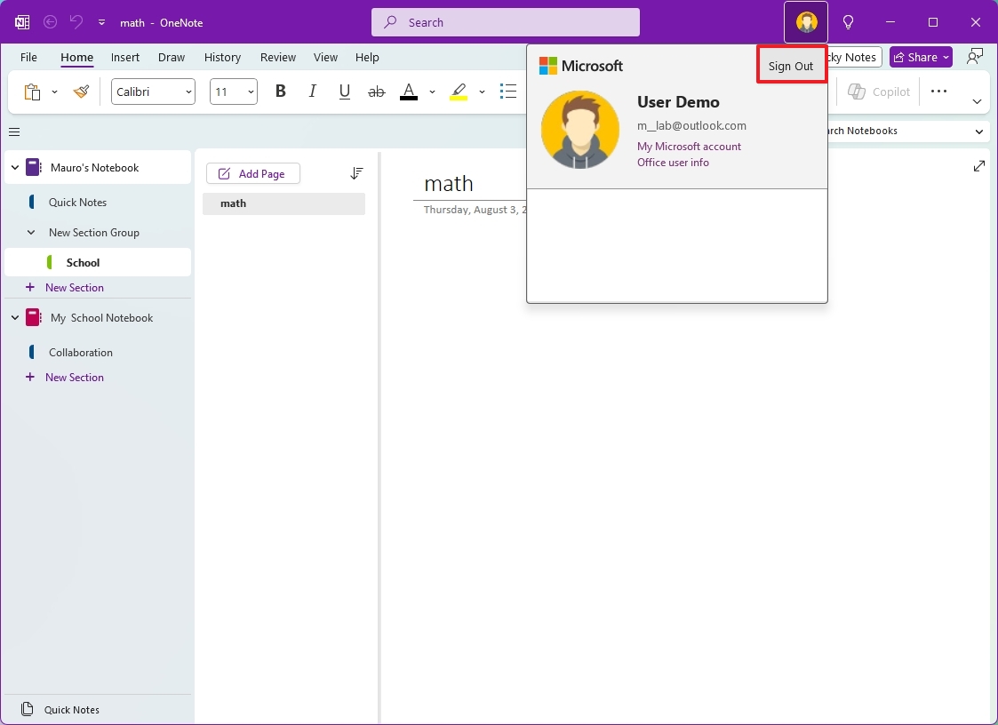 Sign-in settings for OneNote