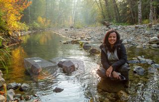 Liz Bonnin crouches next to a river in the Californian woodlands, next to some caged beavers