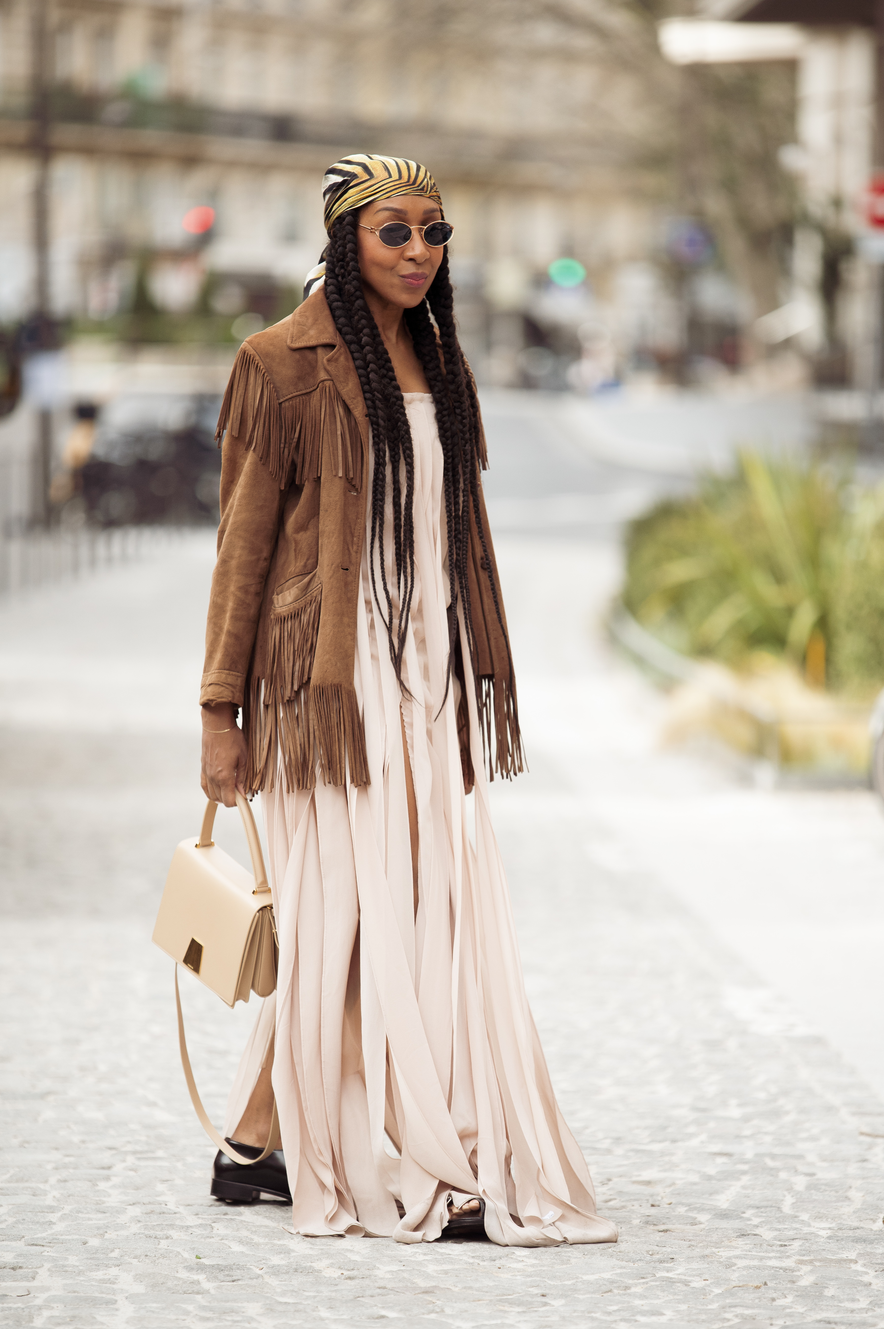 Woman wearing double suede