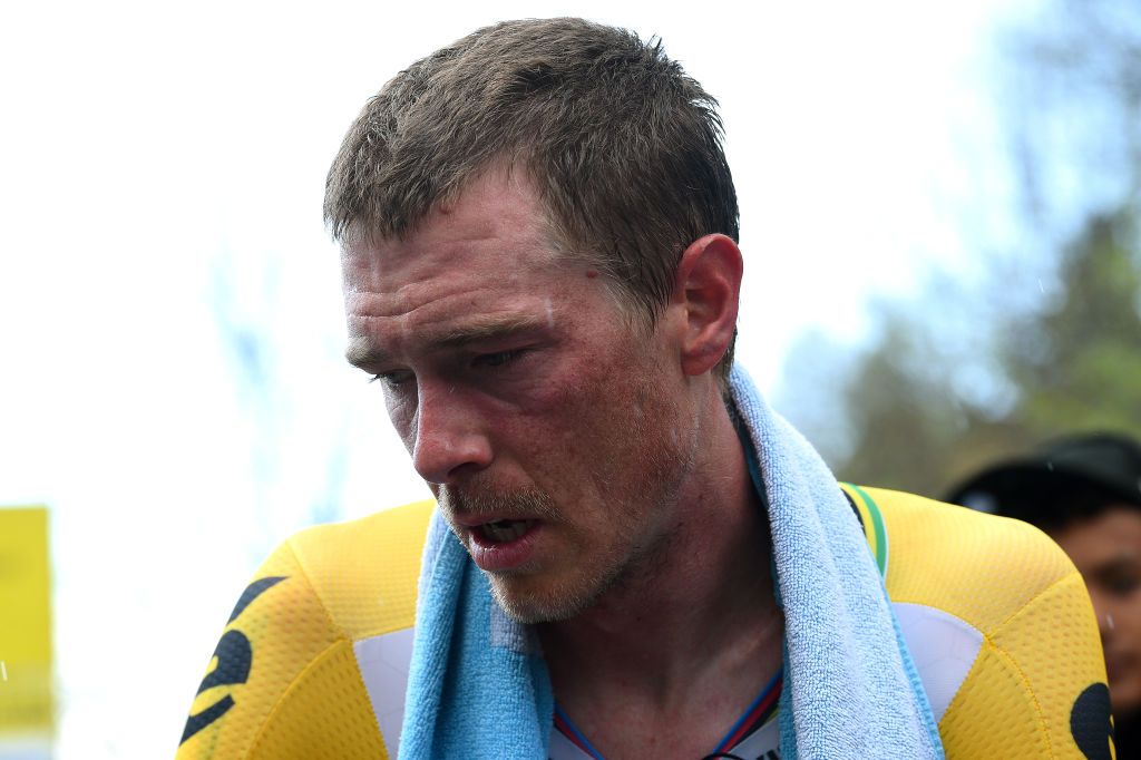 VILLARSSUROLLON SWITZERLAND MAY 01 Rohan Dennis of Australia and Team Jumbo Visma Turquoise Leader Jersey disappointed after the 75th Tour De Romandie 2022 Stage 5 a 1584km Individual Time Trial stage from Aigle to VillarssurOllon 1256m ITT TDR2022 on May 01 2022 in VillarssurOllon Switzerland Photo by Dario BelingheriGetty Images