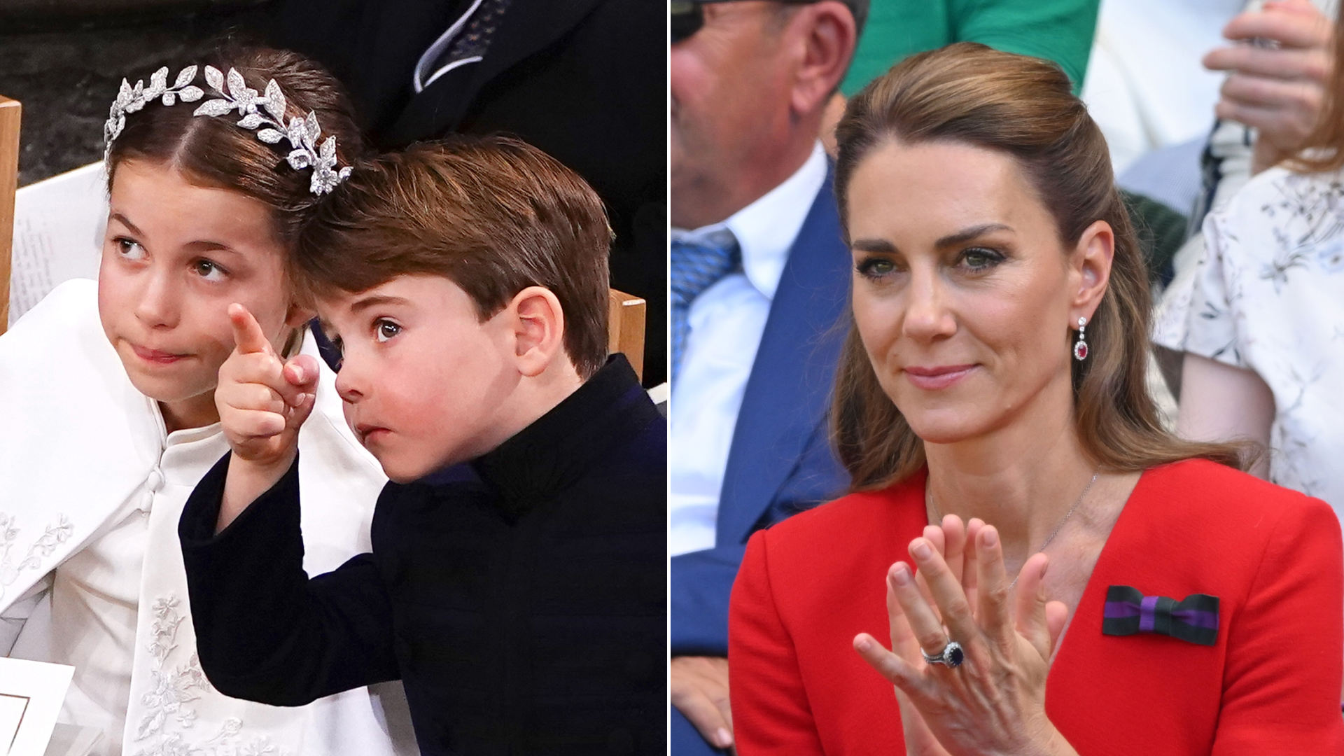 Princess Charlotte wears a white cape and has a leafy silver crown, while Prince Louis wears a navy coat and points