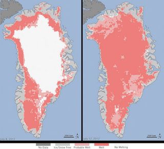 Extent of surface melt over Greenland’s ice sheet on July 8 (left) and July 12 (right) based on data from three satellites. (Light pink: probable melt, meaning at least one satellite showed melt; dark pink: melt, meaning two to three satellites showed melt.