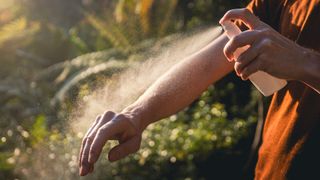 person spraying spray on arm