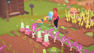 A player character in Ooblets ploughing a farm
