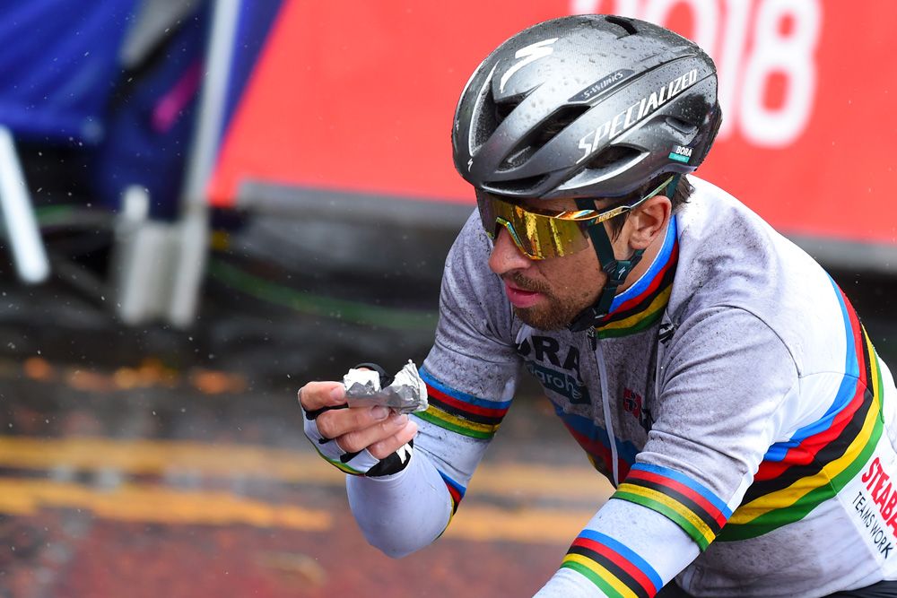 Peter Sagan eats some solid food