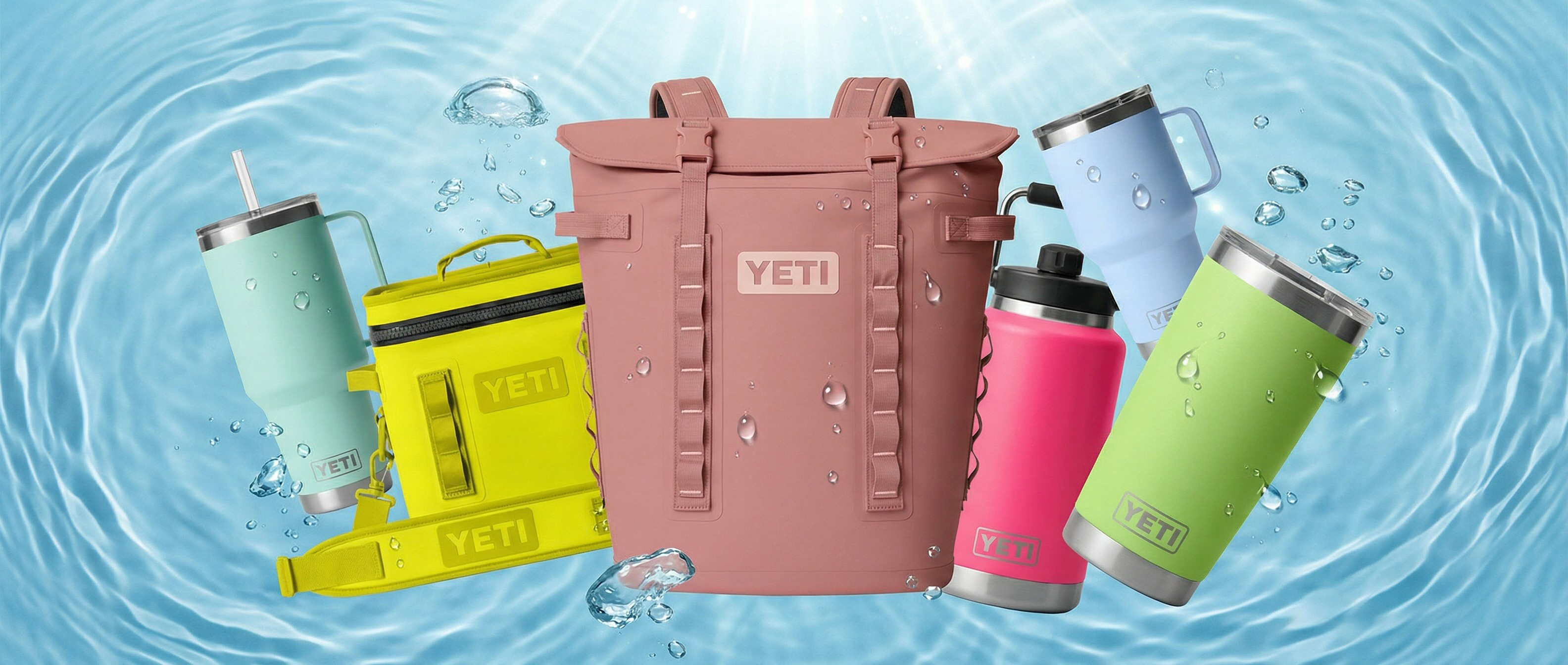 Selection of Yeti tumblers and coolers in a pool of water