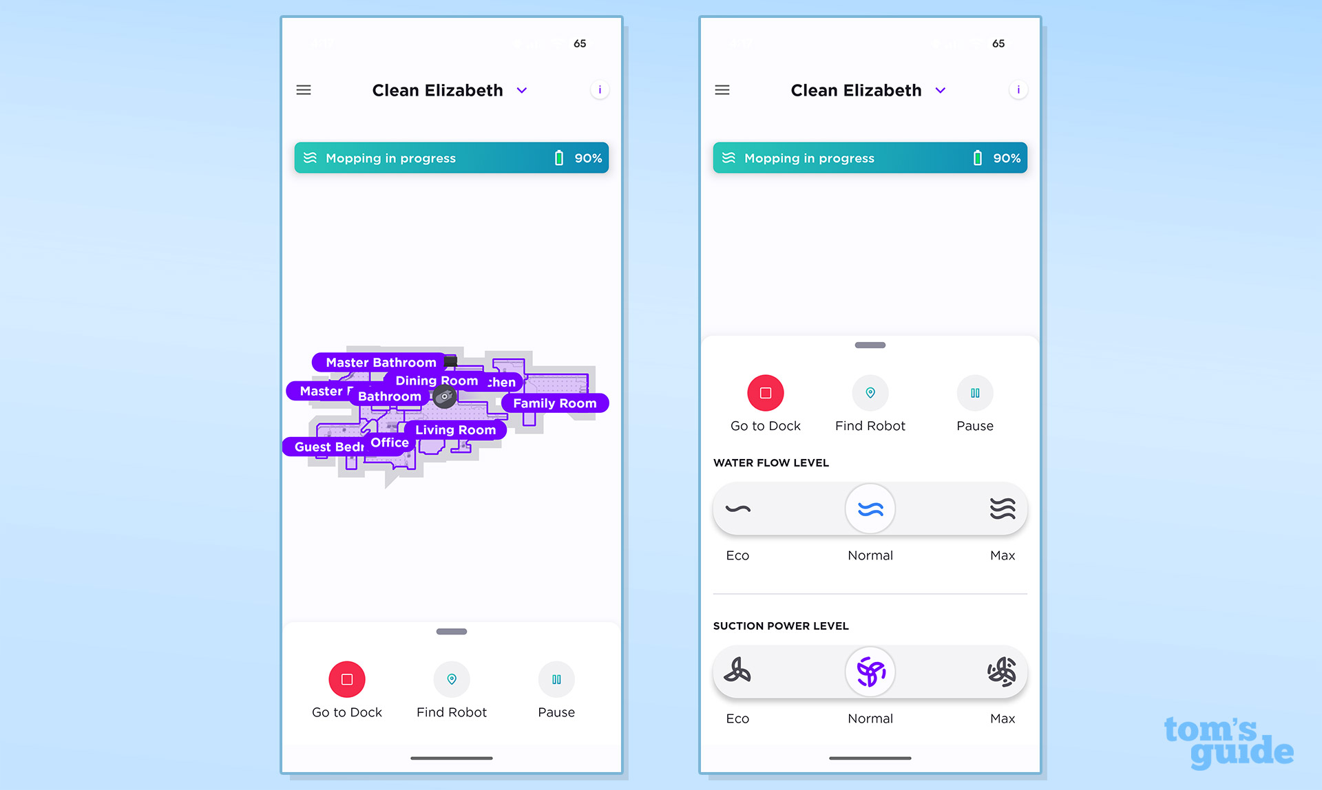 Screenshots of the Shark UV Reveal PowerDetect Robot Vacuum app