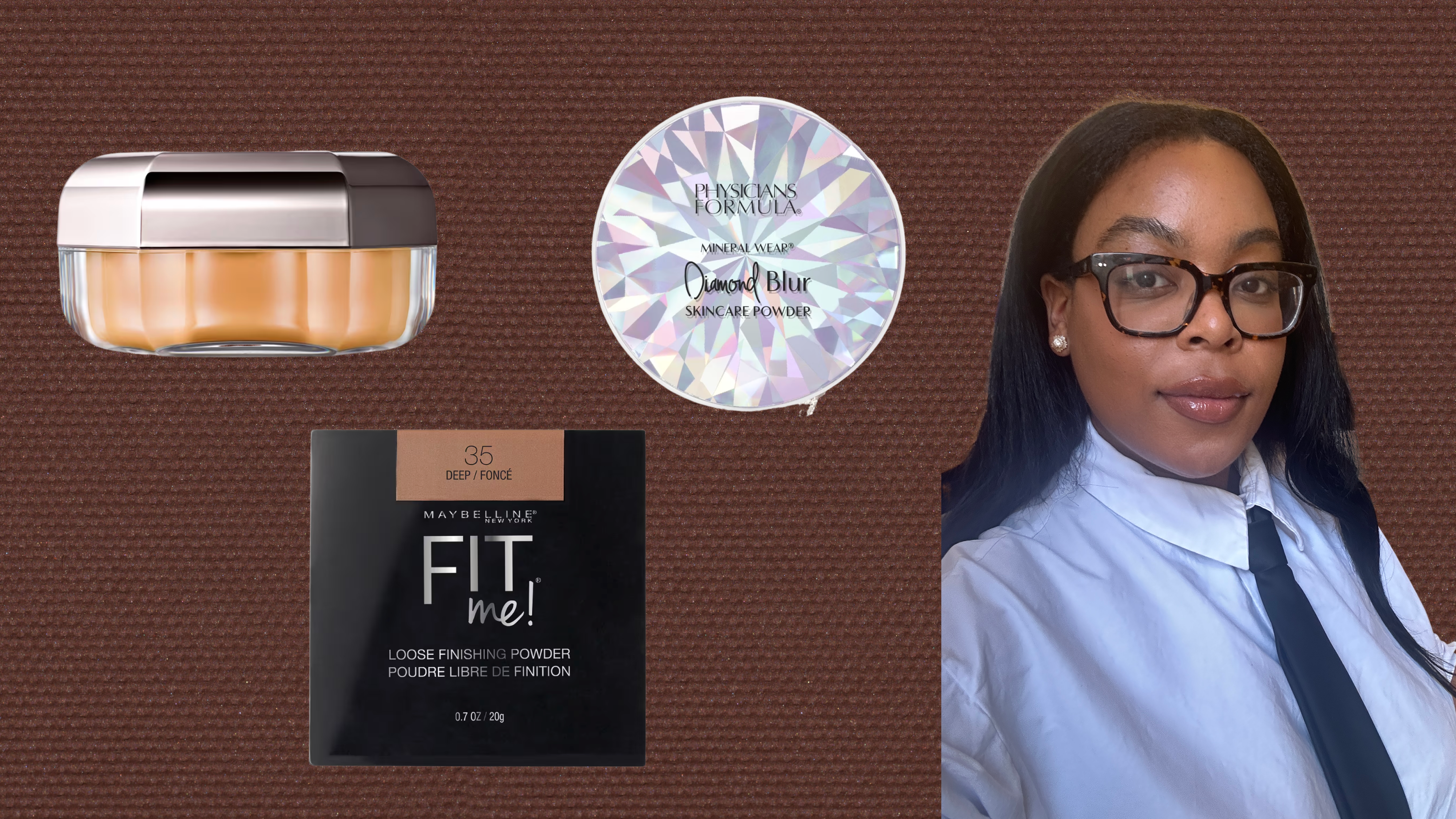 A woman with long hair, a white button-down, and a black tie is on the right. She is next to three images of loose setting powders. All images are in front of a brown background. 
