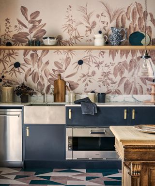 kitchen with dramatic oversize botanical leaf wall mural