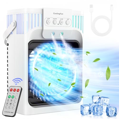 Xttank 1200ml Portable Air Conditioner With Remote Control, 5-In-1 Mini Air Cooler, 3 Wind Speeds &amp;amp; 3 Mists Modes, 2-8h Timer, 7 Colours Light, Mobile Air Cooling Fan for Room/office, Plug-In