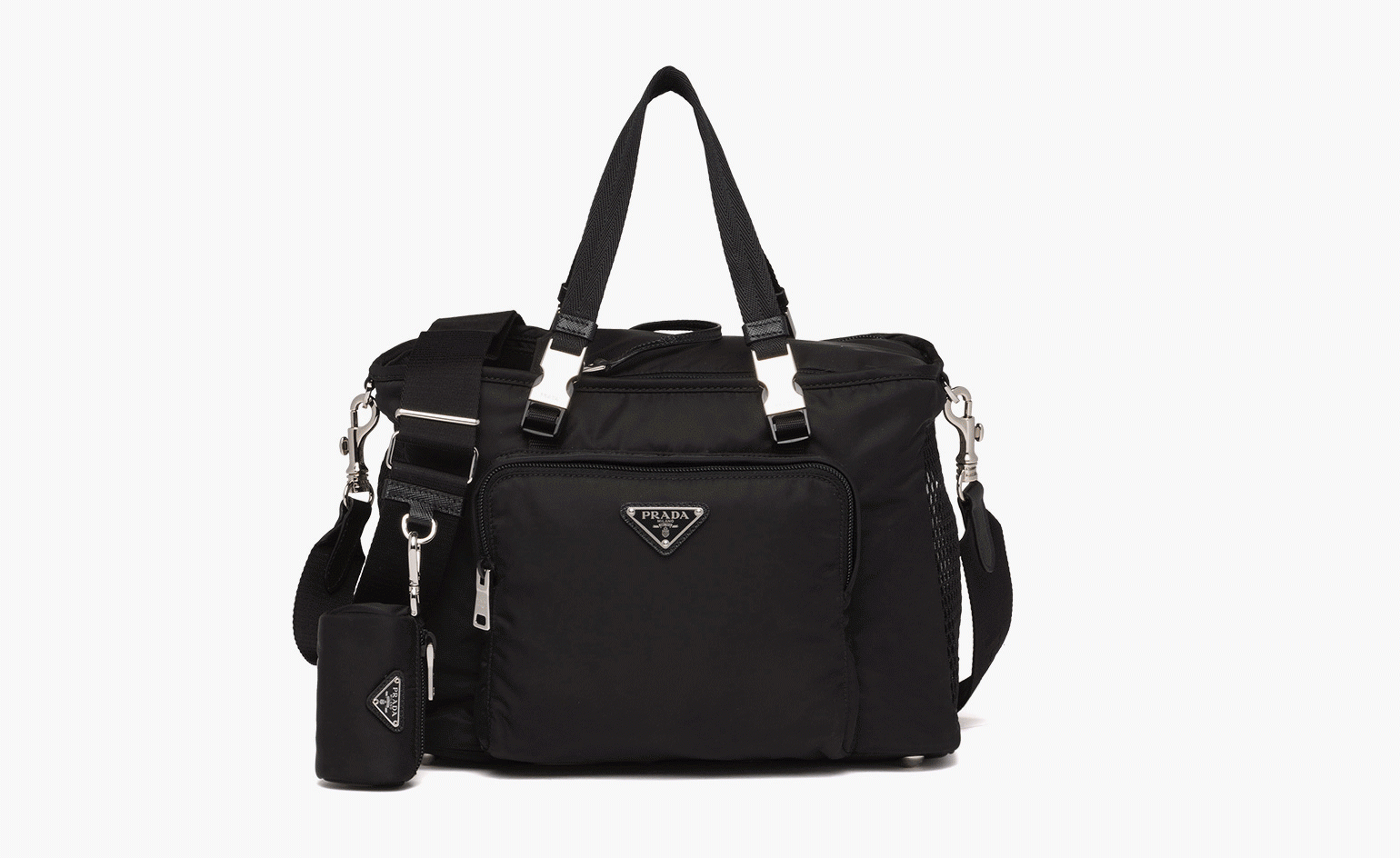 Pet bag, by Prada. A black bag with hand carry straps and over shoulder straps.