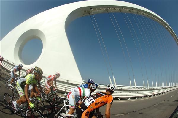 Eventual winner Filippo Pozzato (Katusha) rides at the front of the peloton.