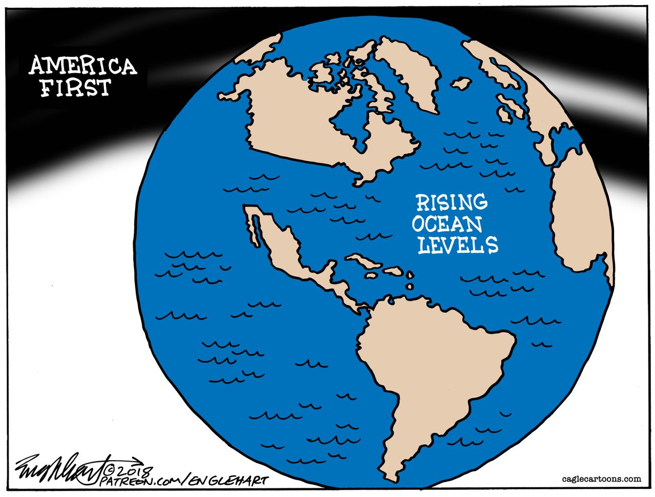 Political cartoon U.S. climate change denial America first Trump rising ocean levels