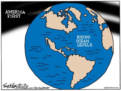 Political cartoon U.S. climate change denial America first Trump rising ocean levels