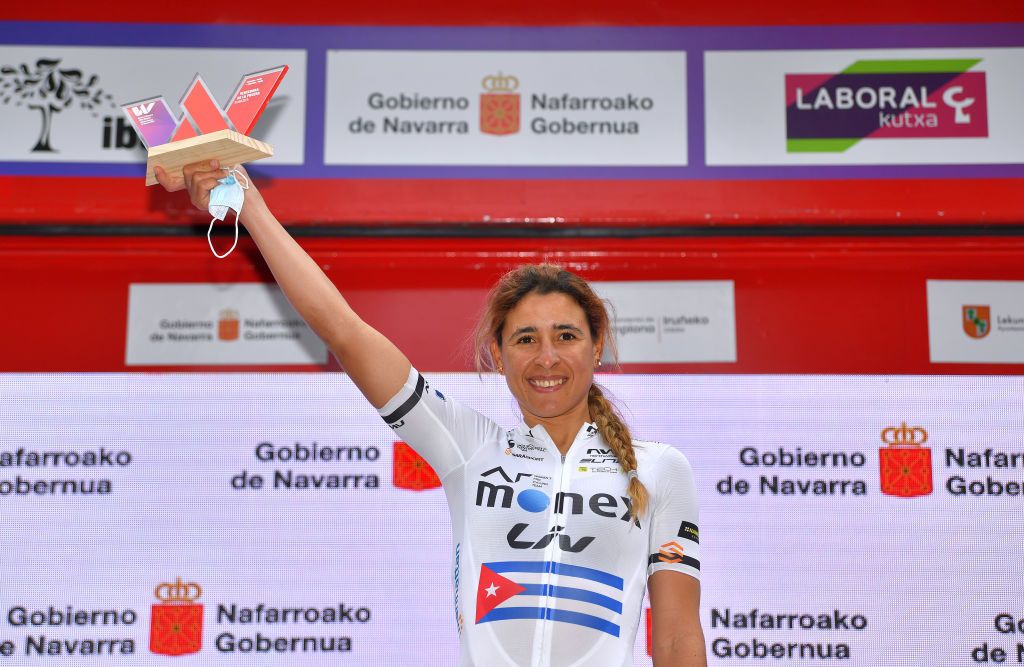PAMPLONA SPAIN MAY 14 Arlenis Sierra Caadilla of Cuba and AR Monex Womens Pro Cycling Team celebrates at podium during the 2nd Navarra Womens Elite Classics 2021 Stage 2 a 1258km stage from PamplonaIrua to PamplonaIrua Trophy Emakumeen Nafarroako Klasikoa VueltaNavarra NWE21 on May 14 2021 in Pamplona Spain Photo by Luc ClaessenGetty Images