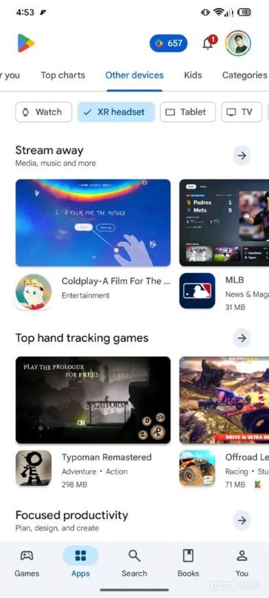 XR headset section in the Play Store