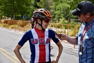 Katie Hall of Team USA is interviewed by Cyclingnews' Pat Malach at 2019 Colorado Classic