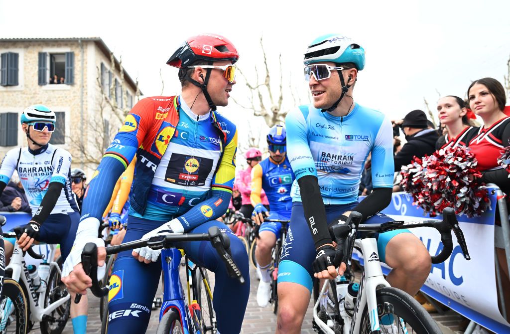 ROGNAC FRANCE FEBRUARY 16 LR Mads Pedersen of Denmark and Team Lidl Trek Blue Leader Jersey and Fred Wright of Great Britain and Team Bahrain Victorious Blue Sprint Jersey prior to the 9th Tour de la Provence Stage 3 a 1906km stage from Rognac to Arles on February 16 2025 in Rognac France Photo by Billy CeustersGetty Images