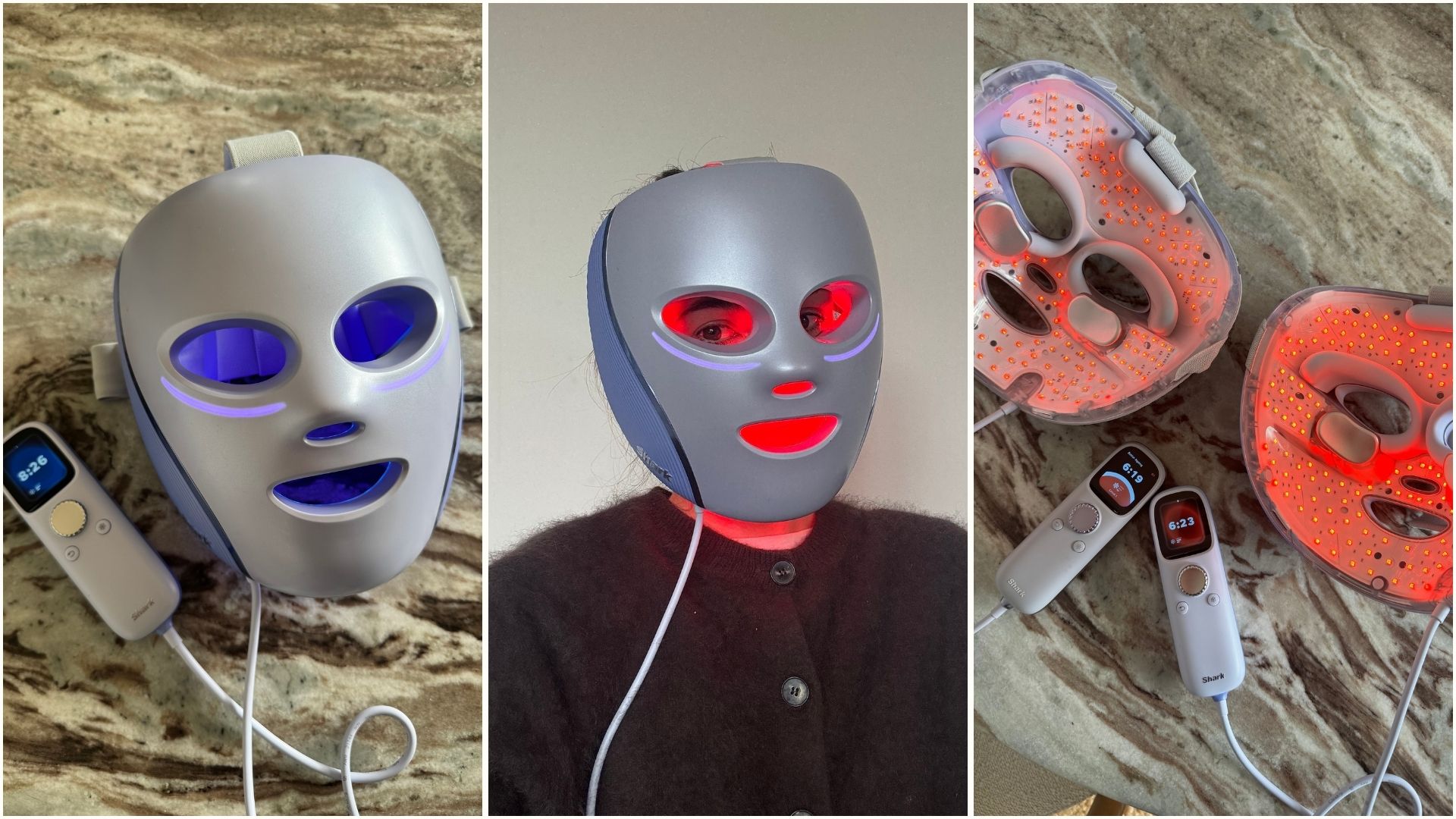 a collage featuring the shark LED mask models, and beauty editor Eleanor Vousden testing the new Shark CryoGlow Plus LED mask
