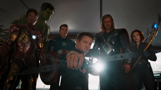 Robert Downey Jr., Mark Ruffalo, Chris Evans, Jeremy Renner, Chris Hemsworth, and Scarlett Johansspn in The Avengers