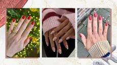 From the left, is a picture of digital beauty editor, Fiona McKim's red nails, followed by a picture of digital beauty writer, Sennen Prickett's pink and white French tips and digital beauty ecomm editor, Aleesha Badkar's long, almond-shaped red nails/ all featured in a cream and gold glitter template with two red and silver nail polish spills