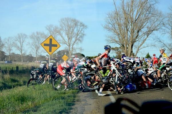 A mass pile-up one kilometre from the finish to stage six of the Tour of Gippsland