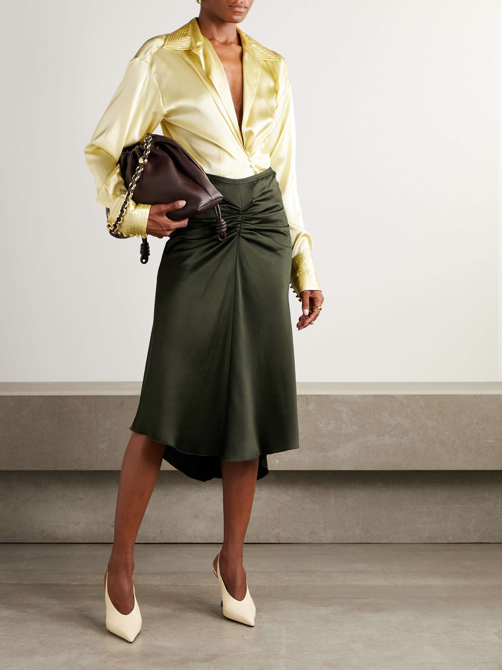 Bella Gathered Satin-Crepe Midi Skirt