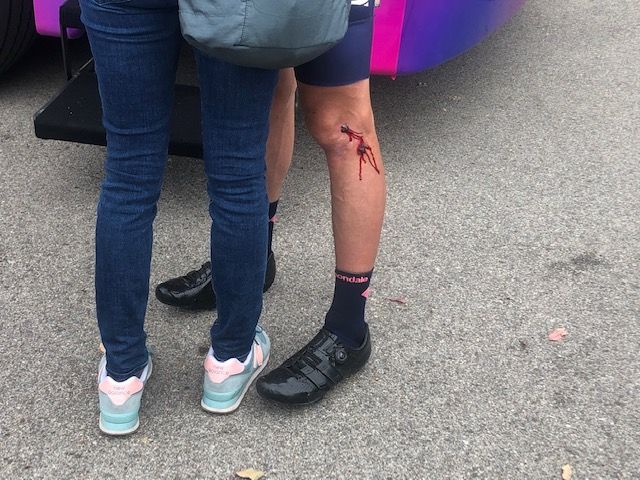 Tejay van Garderen's left knee took the brunt of his fall during stage 4 in California