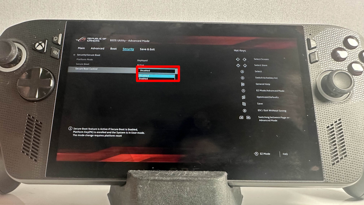 BIOS settings on the Xbox Ally