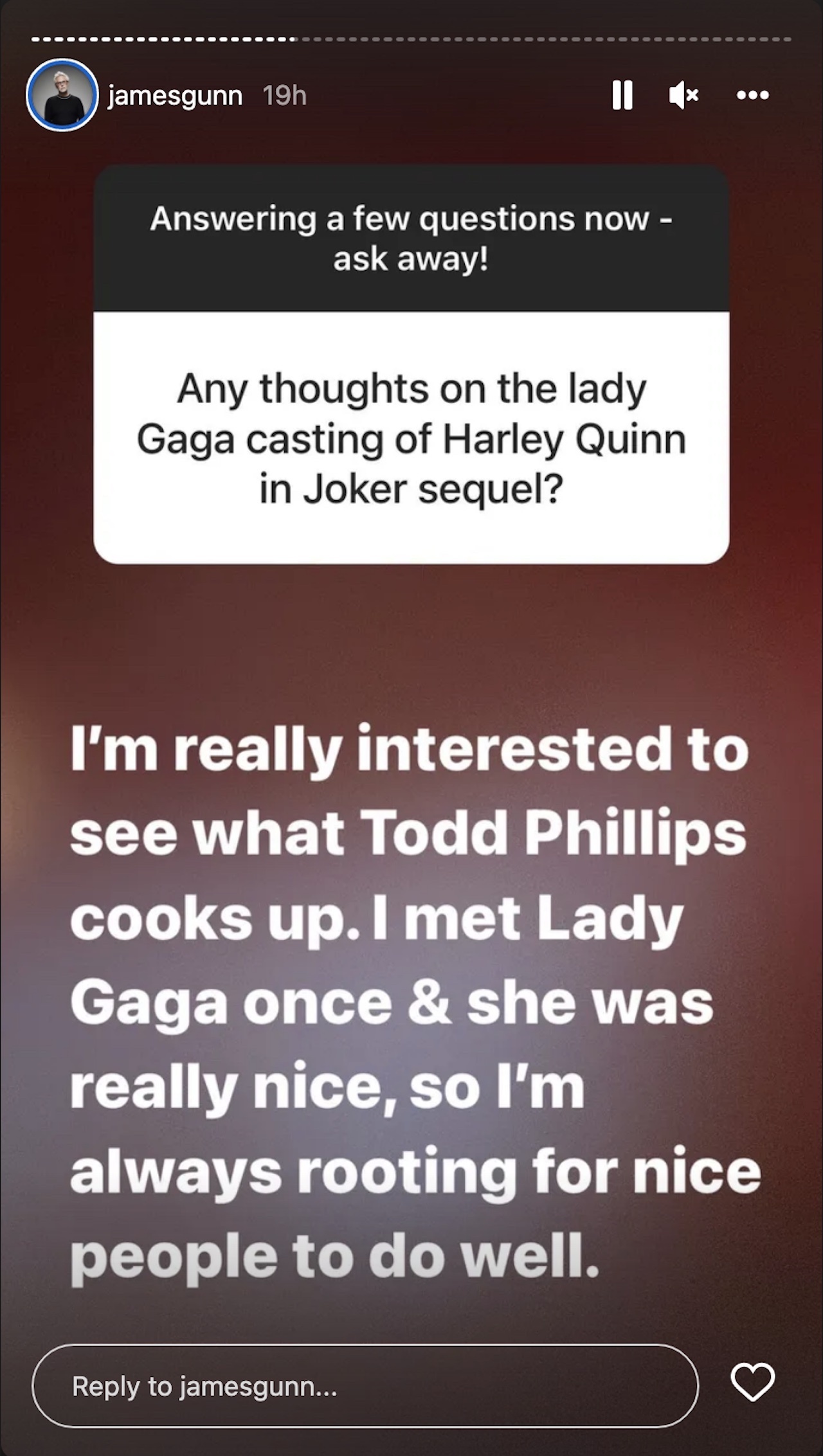 James Gunn's Instagram story about Lady Gaga playing Harley Quinn in the Joker sequel